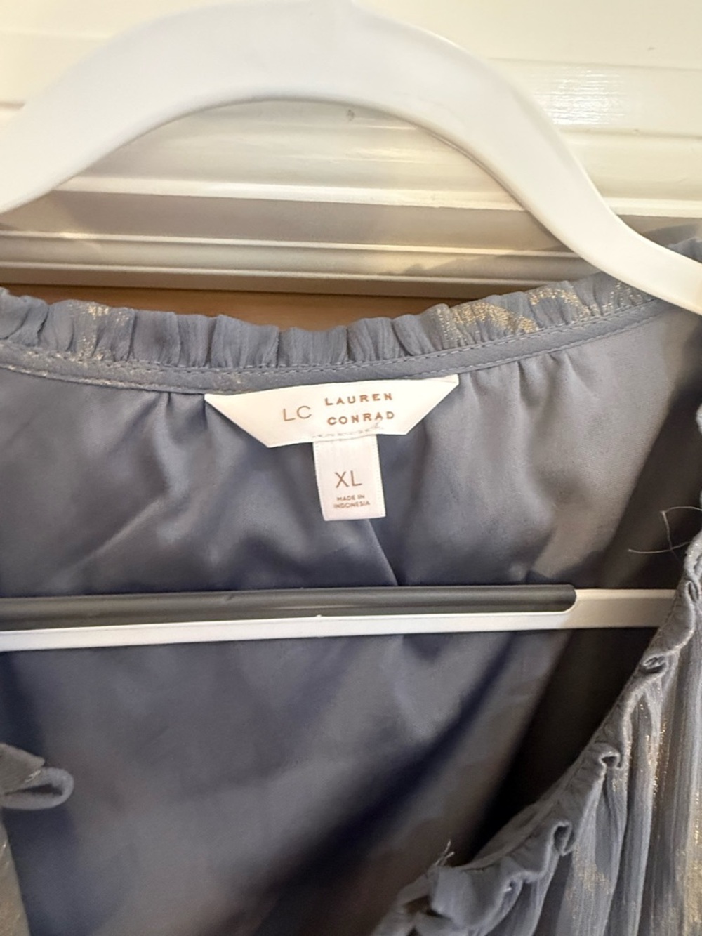 LC Lauren Conrad Dusty Blue Metallic Floral Ruffle Blouse - Picture 3 of 3
